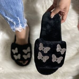 Black Faux Fur Butterfly Slippers